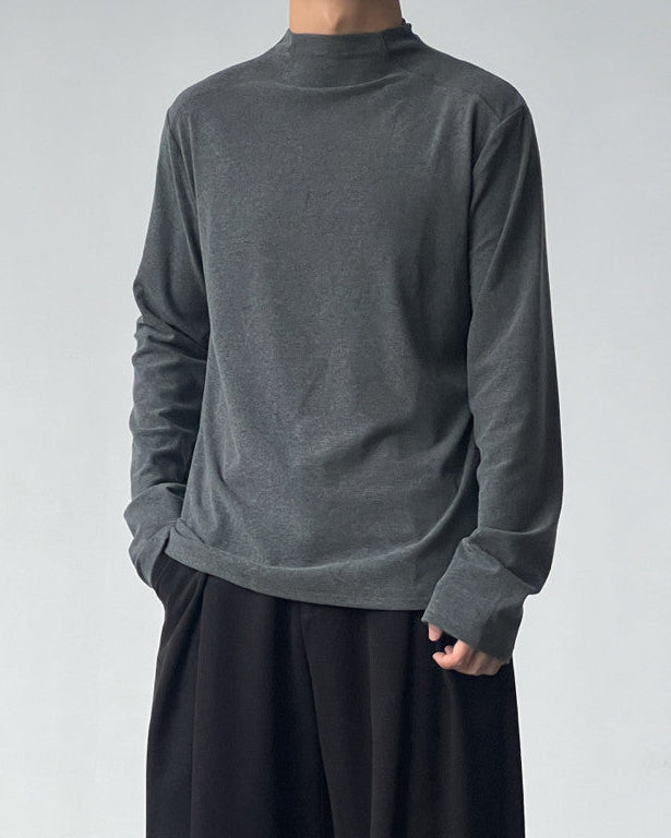 Solid Cotton Mock Neck Long Sleeve Top