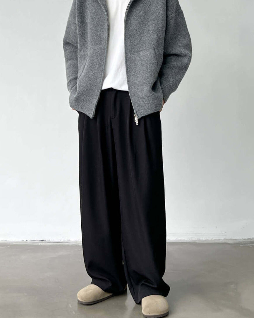 Wide-Leg Double Pleated Casual Trousers