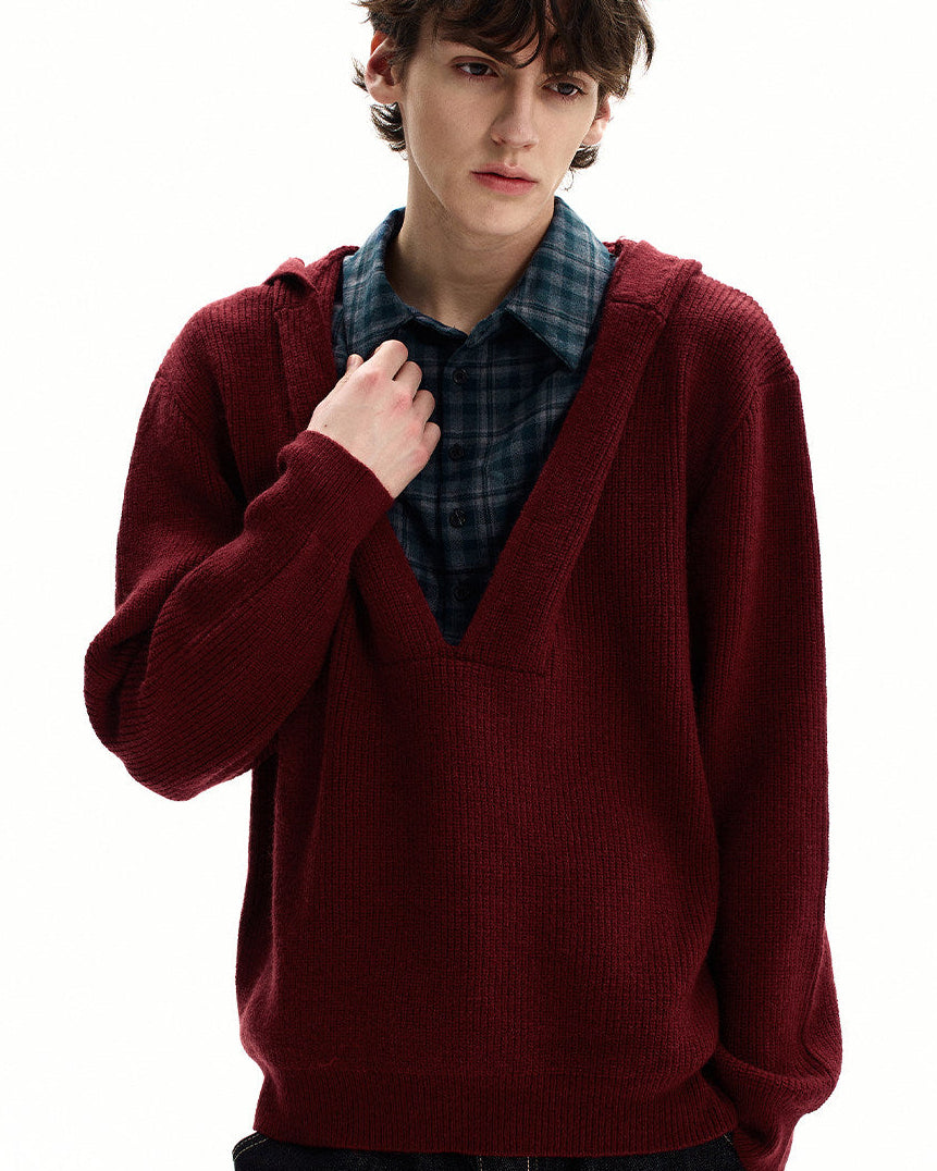 Plaid Insert Hooded Knit Sweater