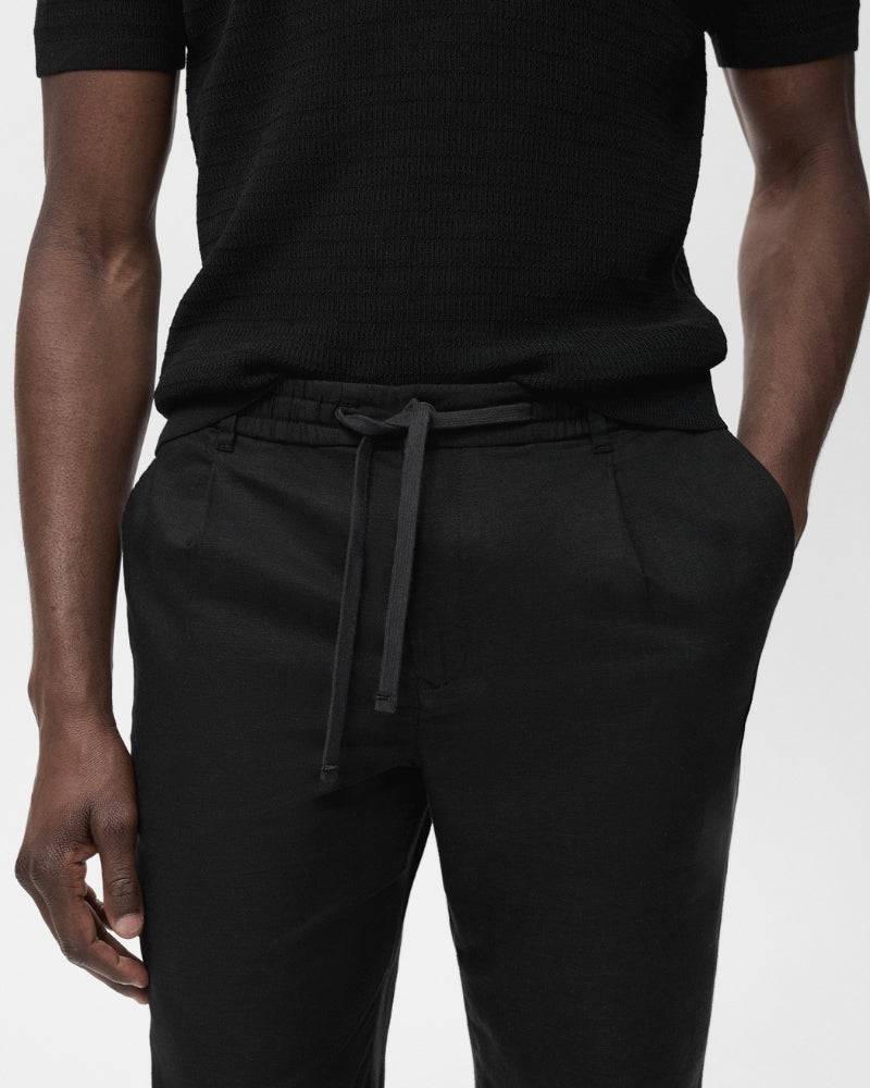 Cotton and linen blend trousers with drawstrings - black