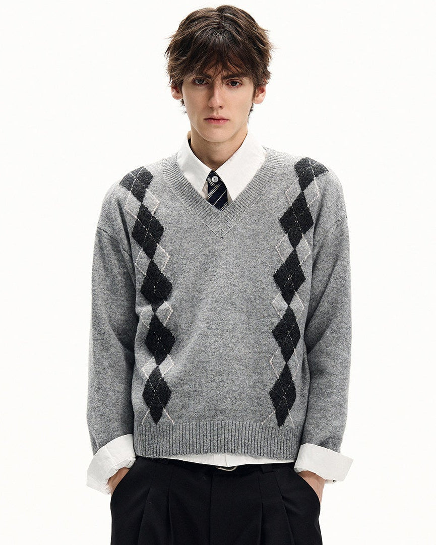 Argyle Wool Blend V-Neck Sweater