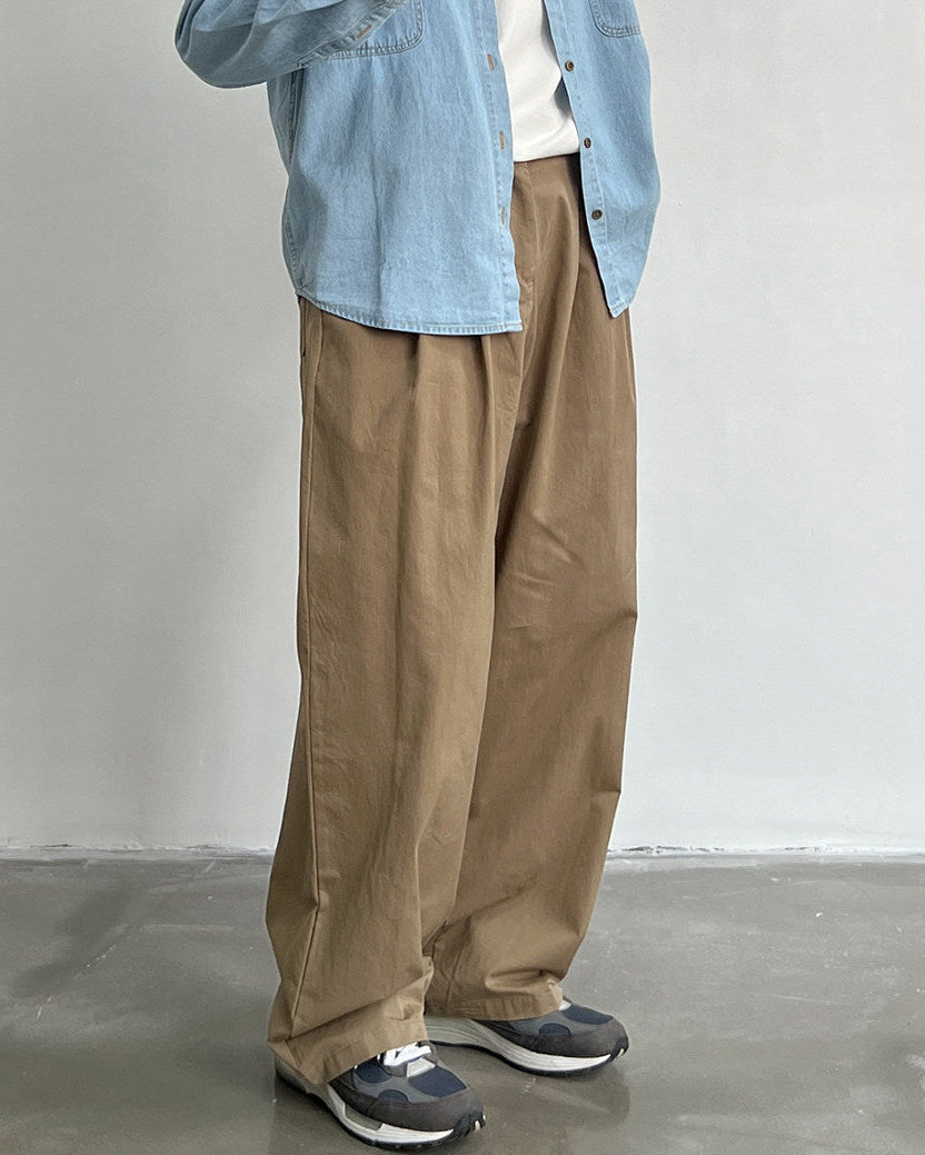 Straight Leg Pleated Cotton Twill Trousers