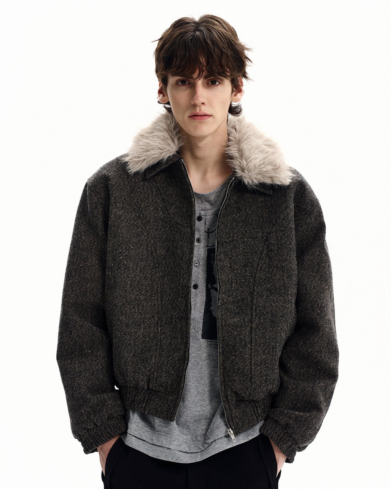 Wool-Blend Jacket with Faux Fur Collar