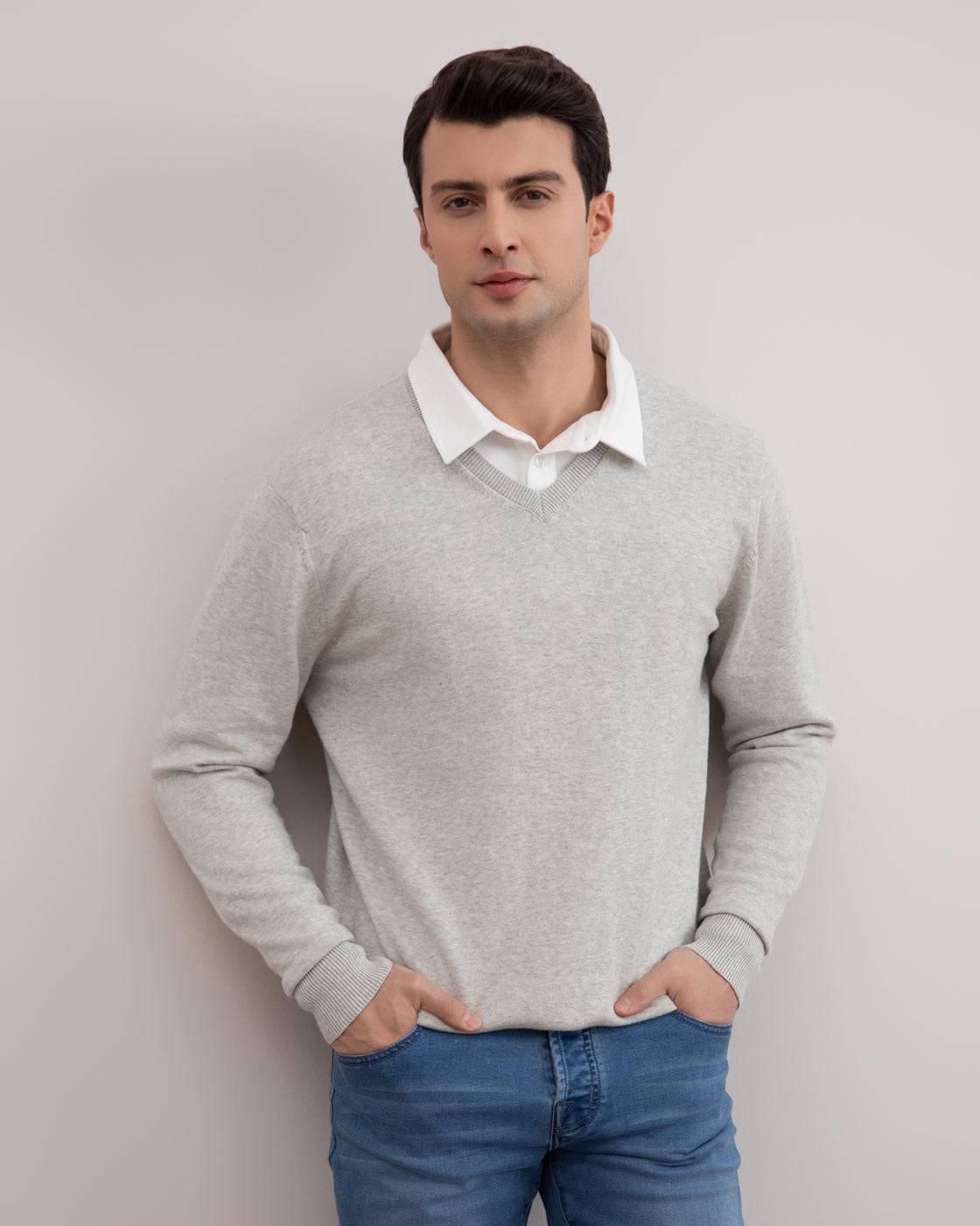 Grey Mélange V-Neck Sweater
