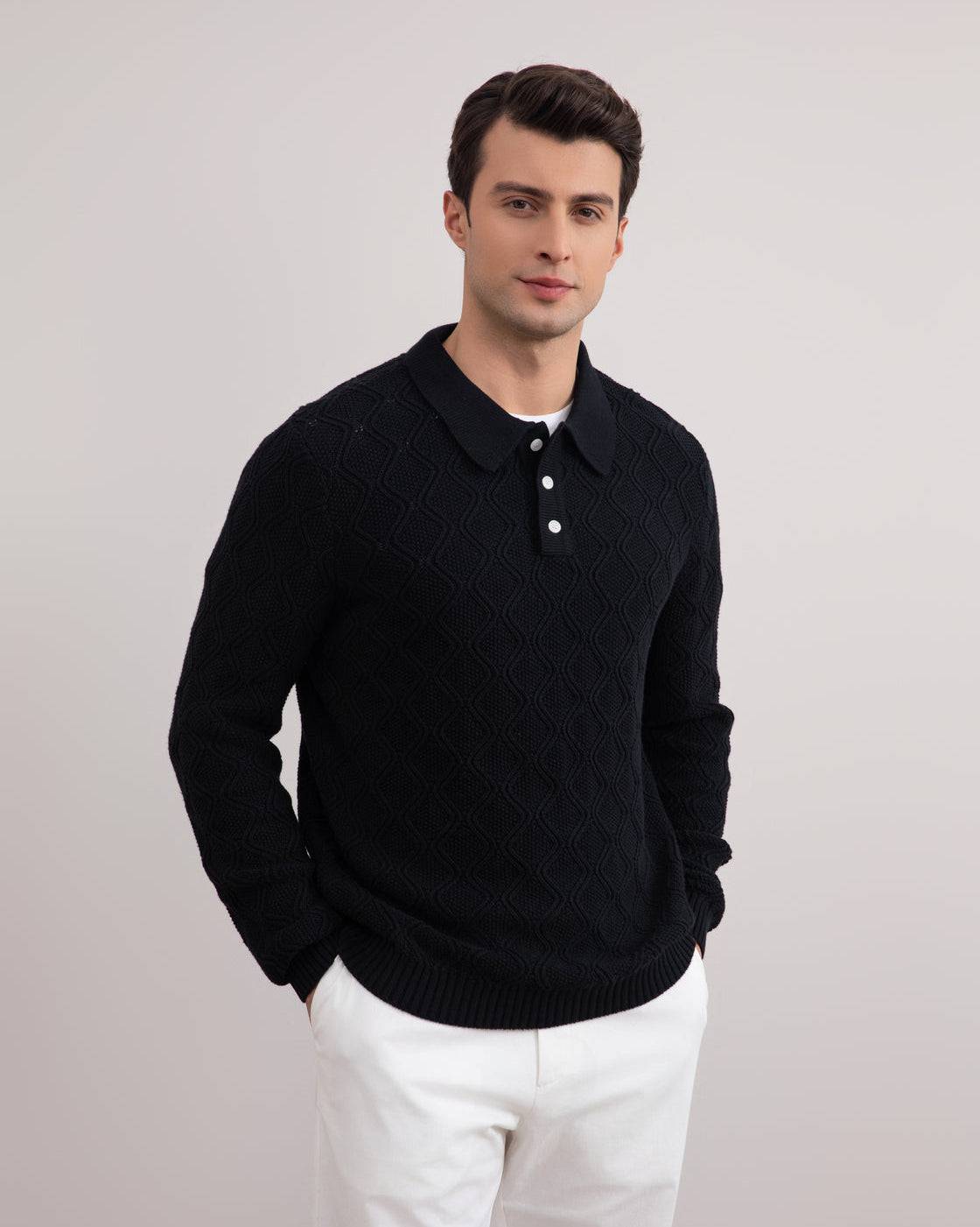 Black Honeycomb Polo Sweater