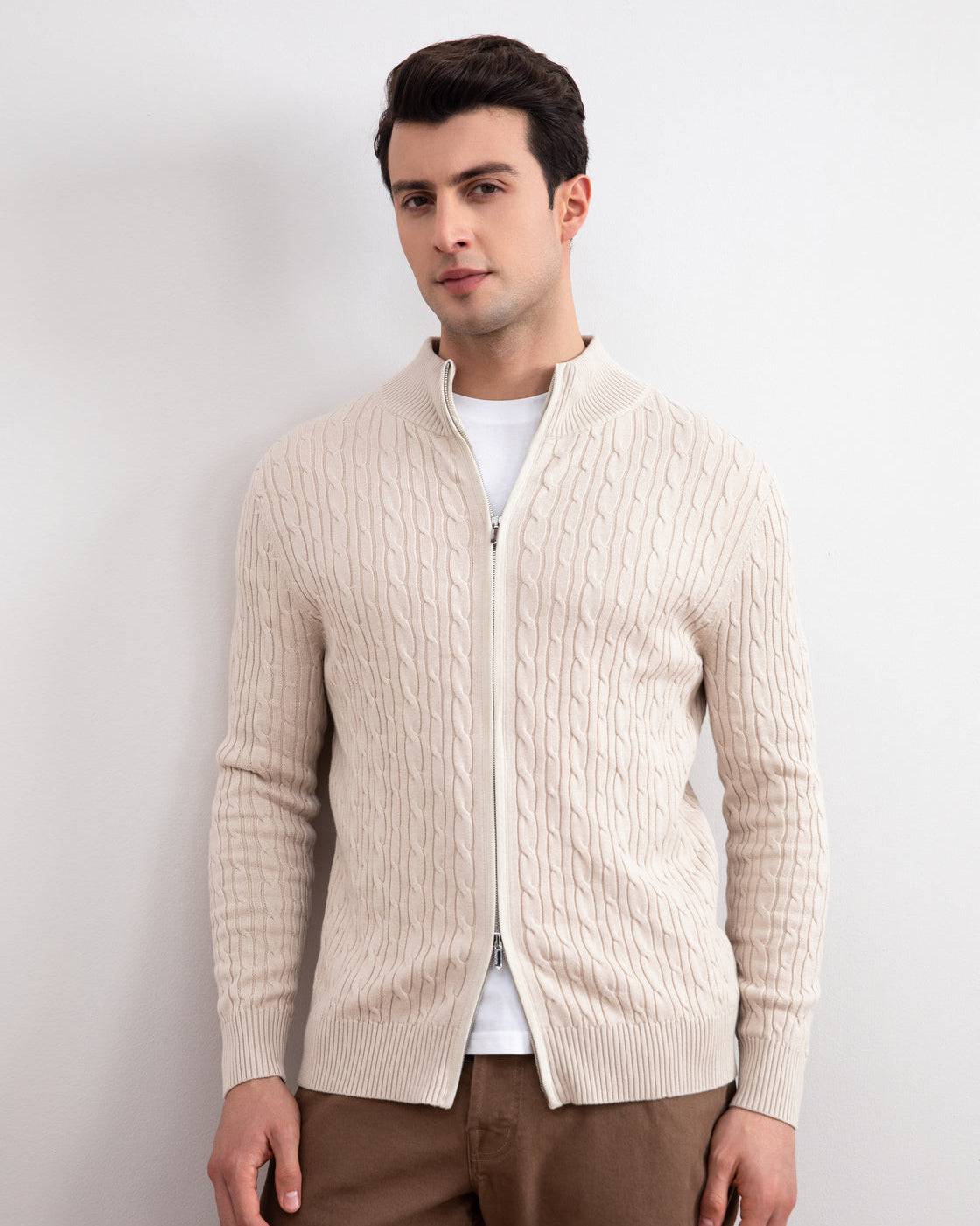 Beige Cable Knit full-zip Sweater