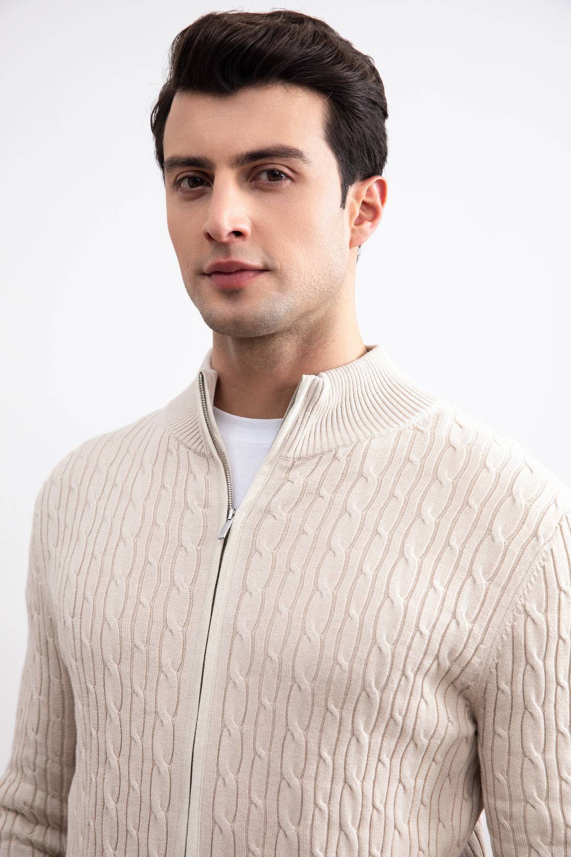 Beige Cable Knit full-zip Sweater