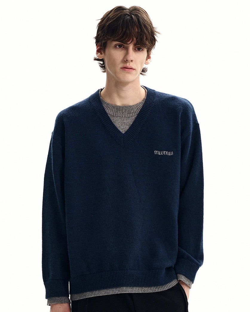 Solid Knit V-Neck Sweater