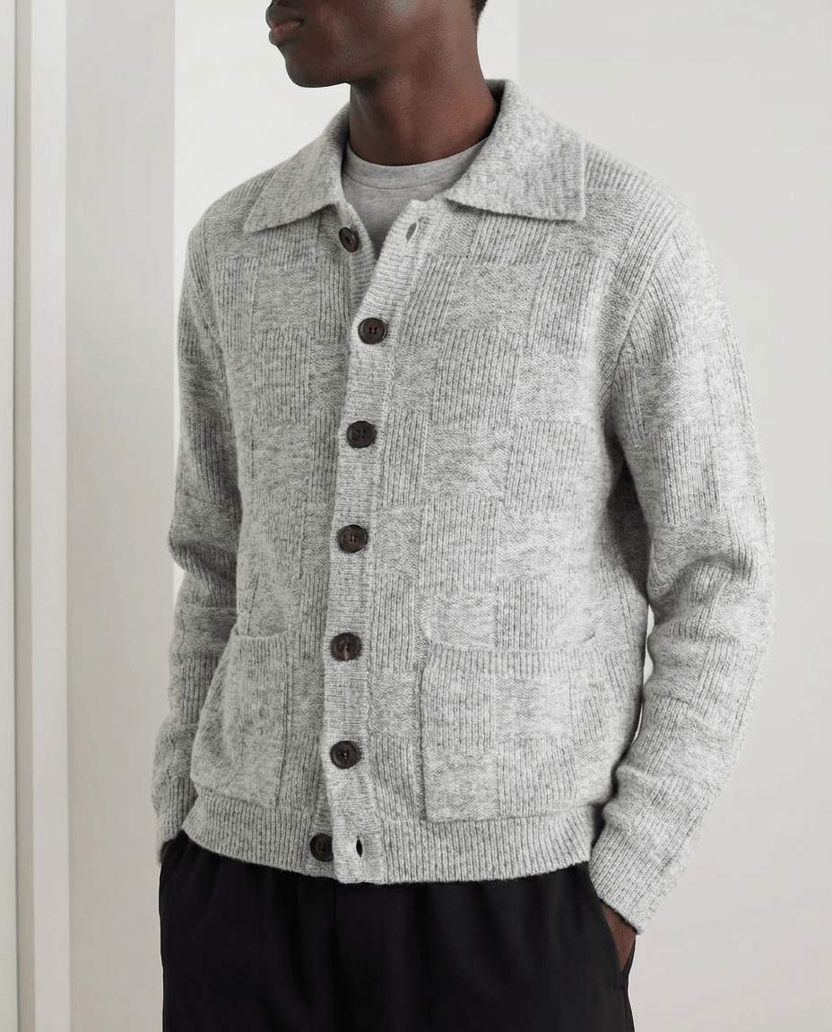 Block Synogram Textured Knit Button Cardigan