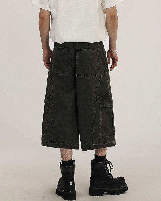 Olive Cotton Wide-Leg Cargo Trousers