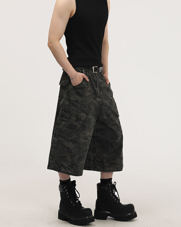 Camouflage Wide Cargo Cropped Trousers