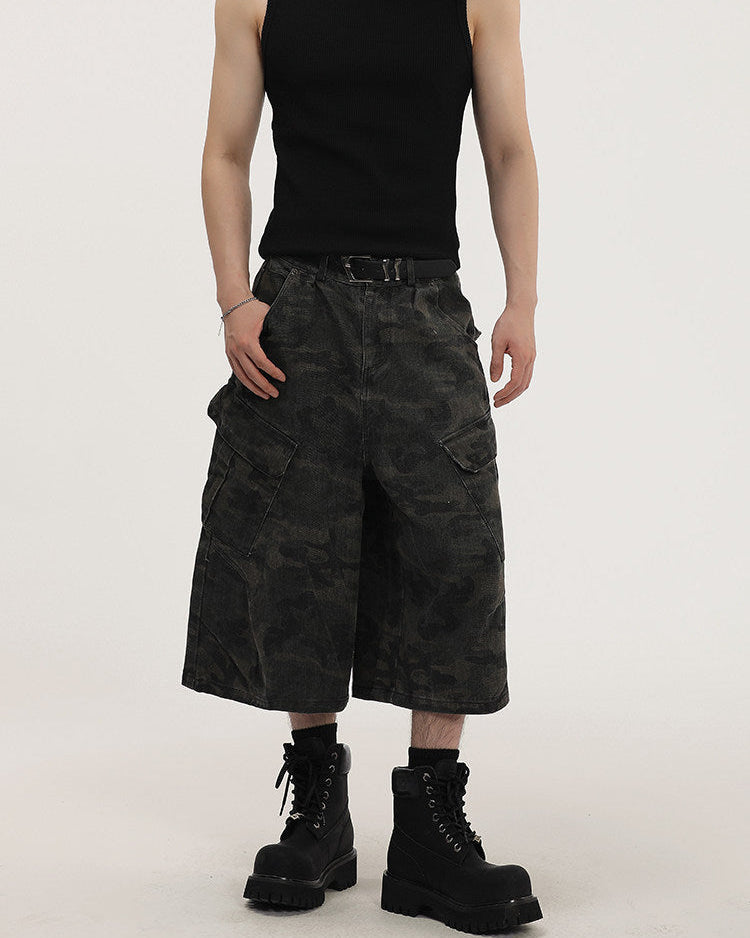 Camouflage Wide Cargo Cropped Trousers