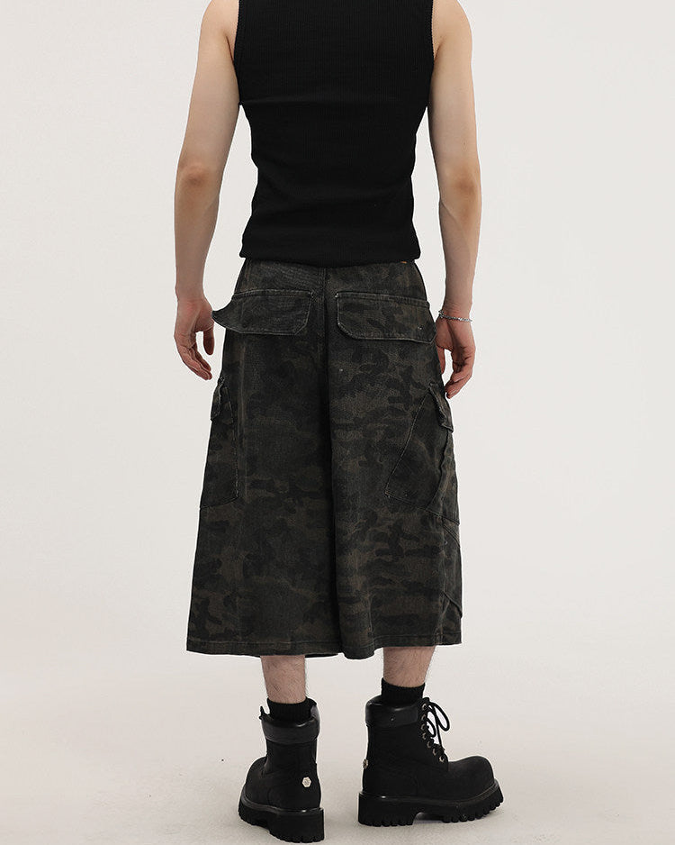 Camouflage Wide Cargo Cropped Trousers