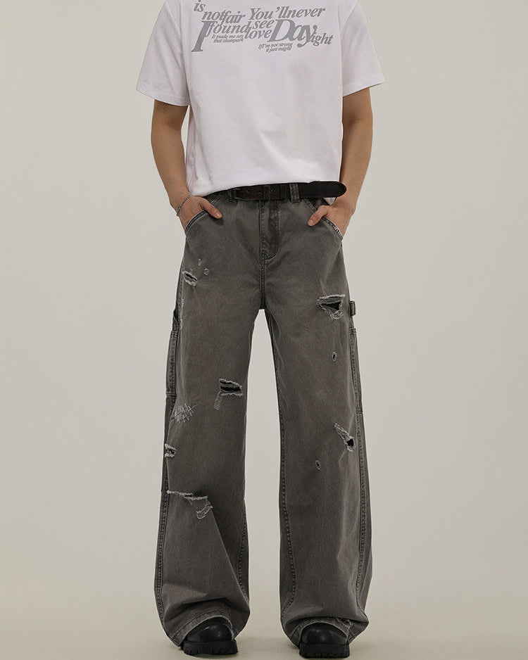Washed Denim Ripped Cargo Jeans