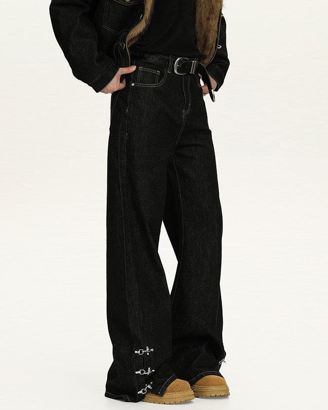 Raw Denim Buckle Wide Leg Jeans