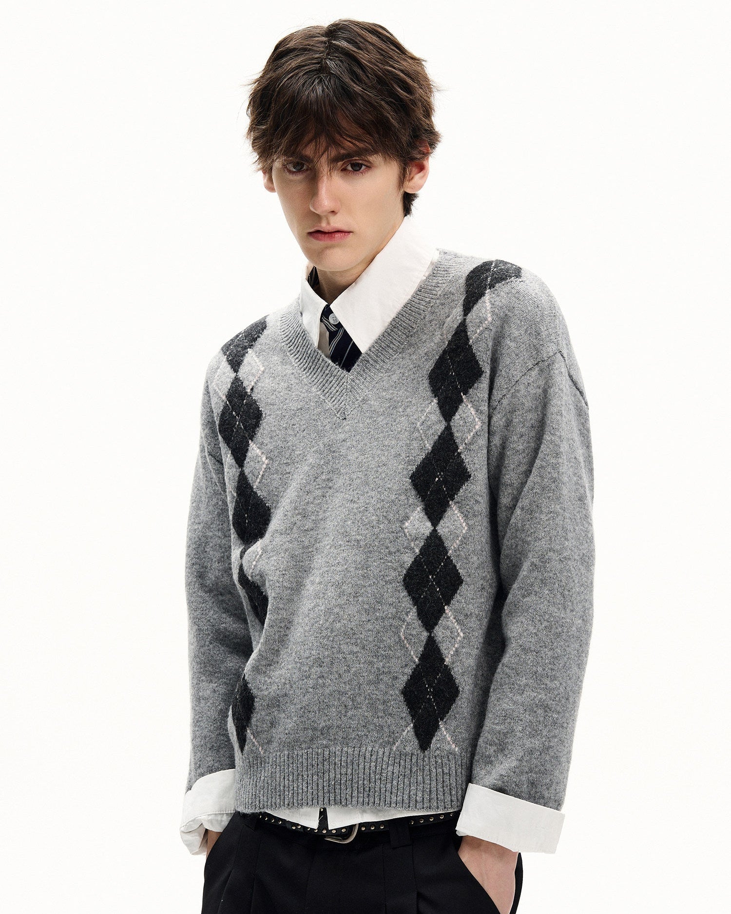 Argyle Wool Blend V-Neck Sweater