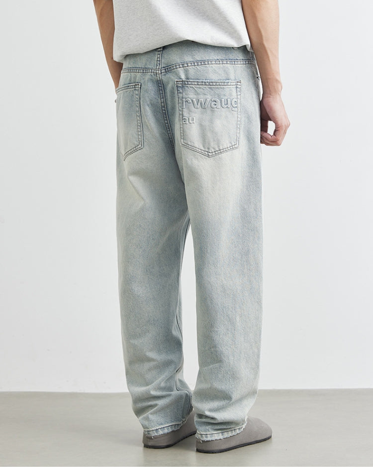 Light Wash Logo-Embroidered Baggy Jeans