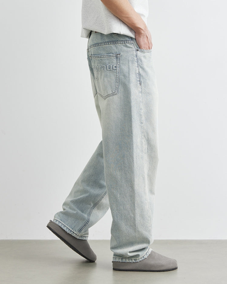 Light Wash Logo-Embroidered Baggy Jeans