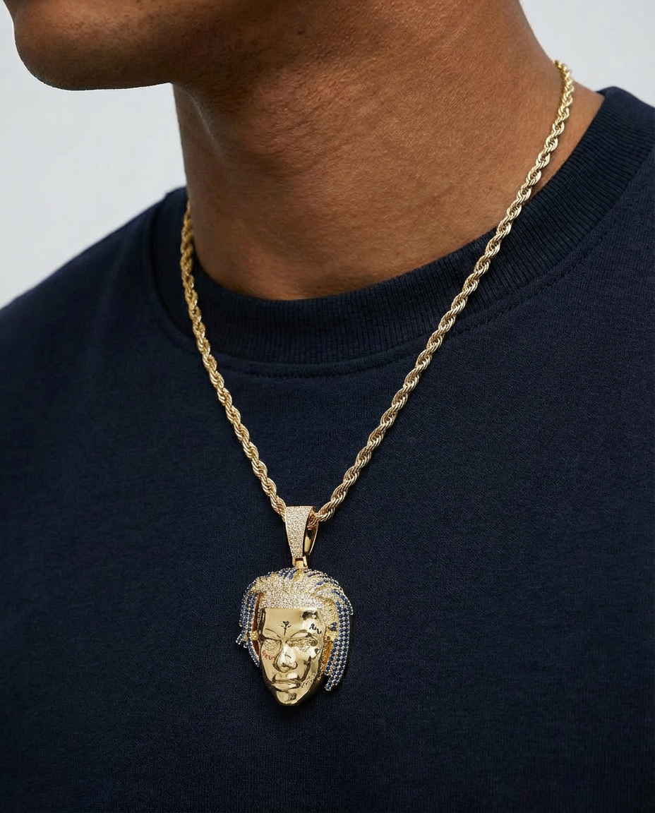 Iced Tattoo Face Pendant Necklace – Blue Accent Edition