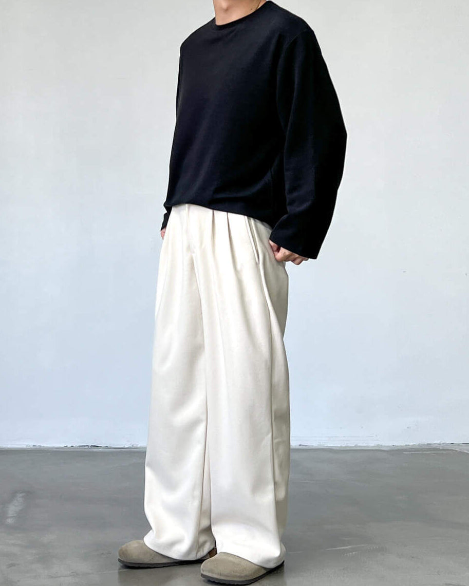 Cotton Blend Wide Pleat Trousers