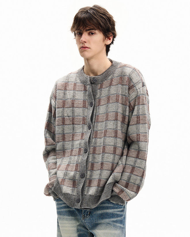 Checkered Wool Blend Cardigan
