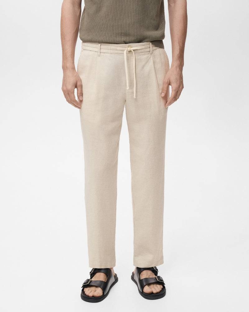Cotton and linen blend trousers with drawstrings - beige
