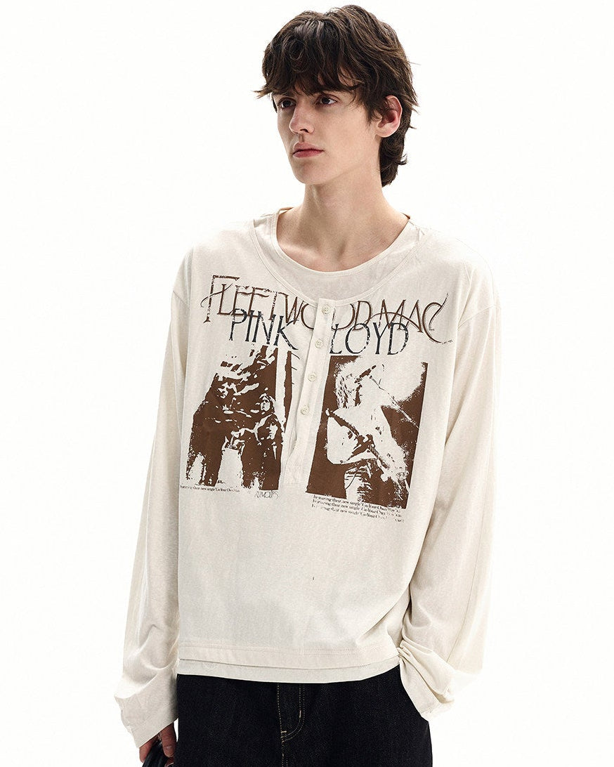 Cotton Graphic Henley Long Sleeve T Shirt