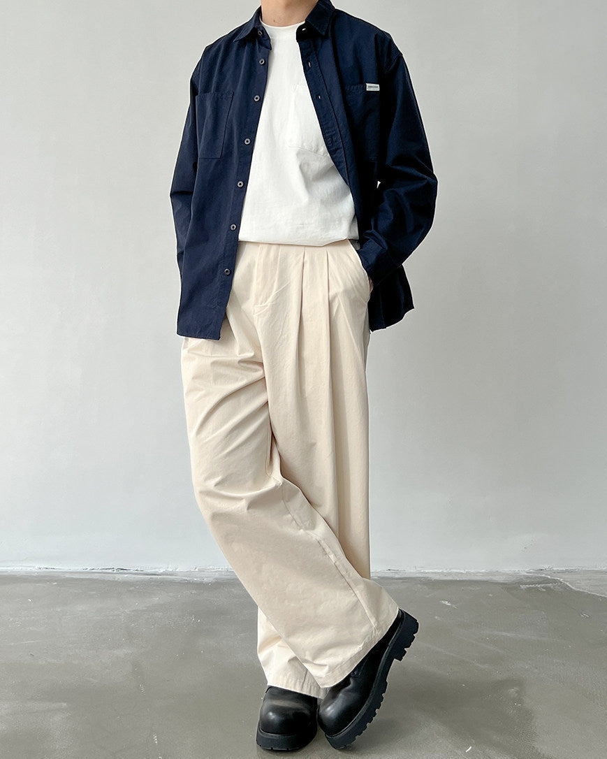 Straight Leg Pleated Cotton Twill Trousers