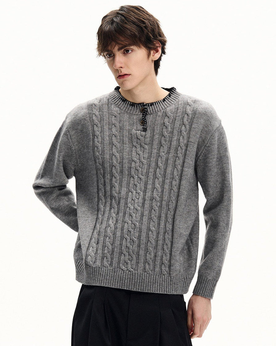 Cable Knit Wool Henley Sweater