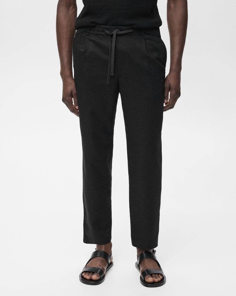 Cotton and linen blend trousers with drawstrings - black