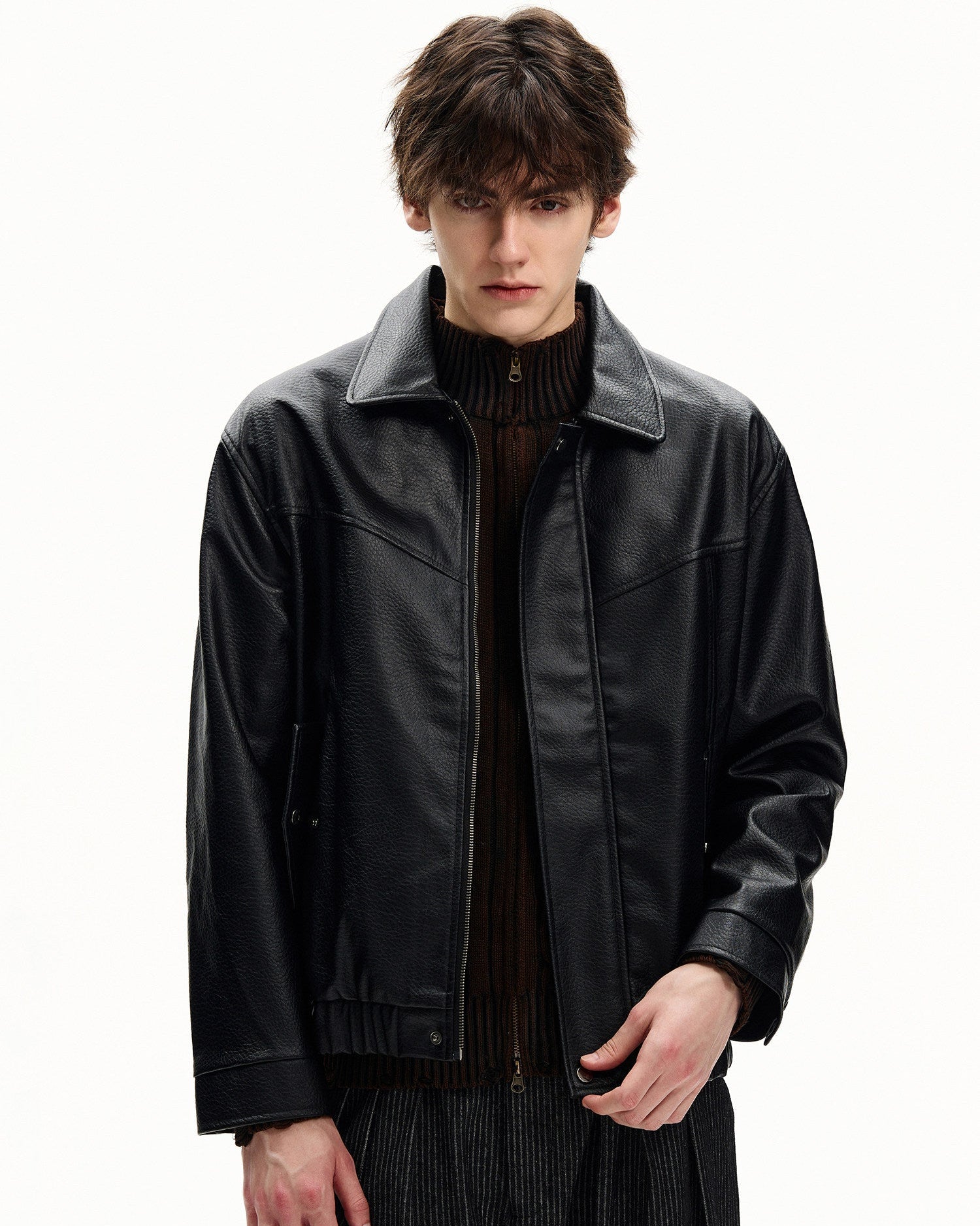 Grained Leather Zip Jacket