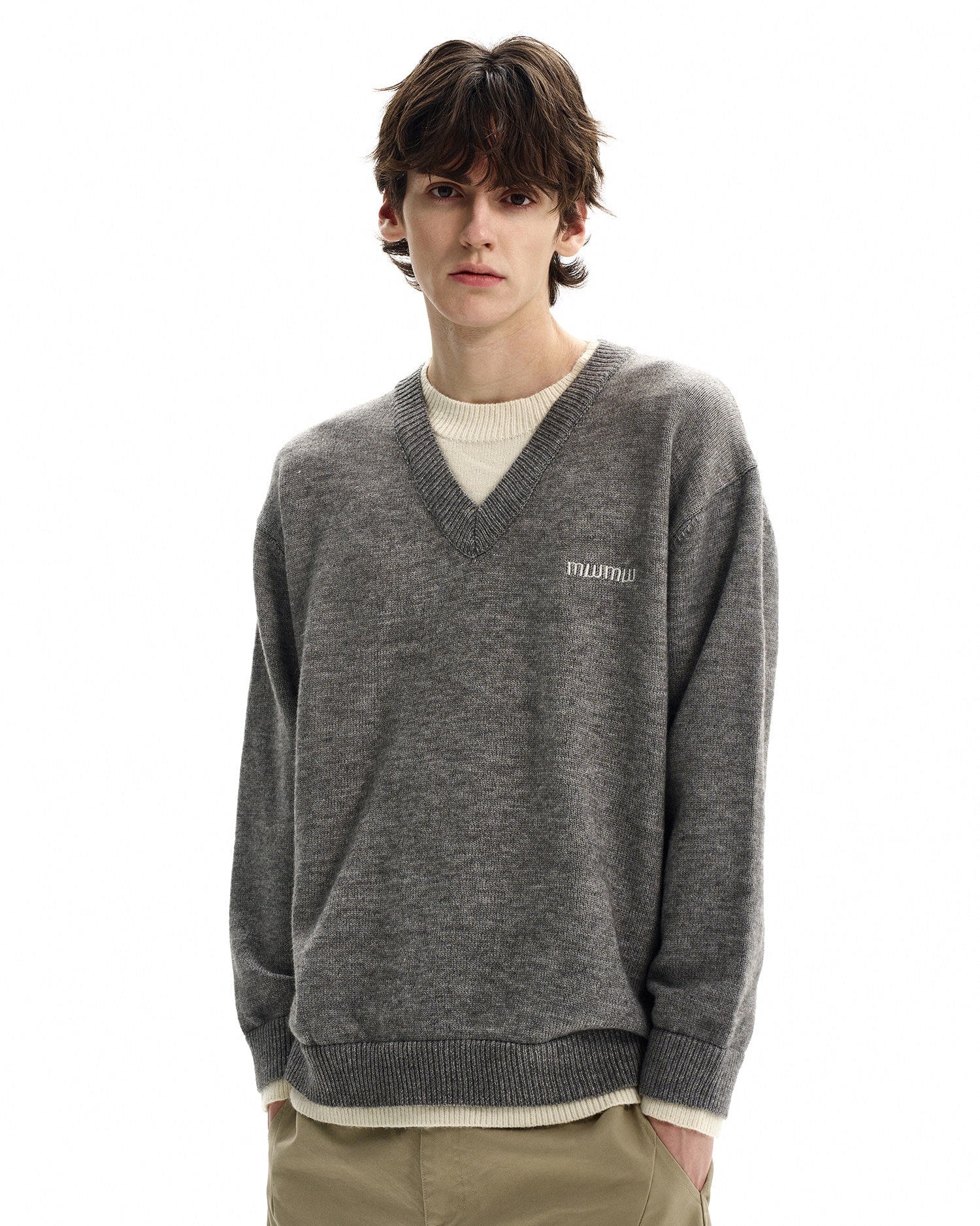 Heather Gray Wool Blend V-Neck Sweater
