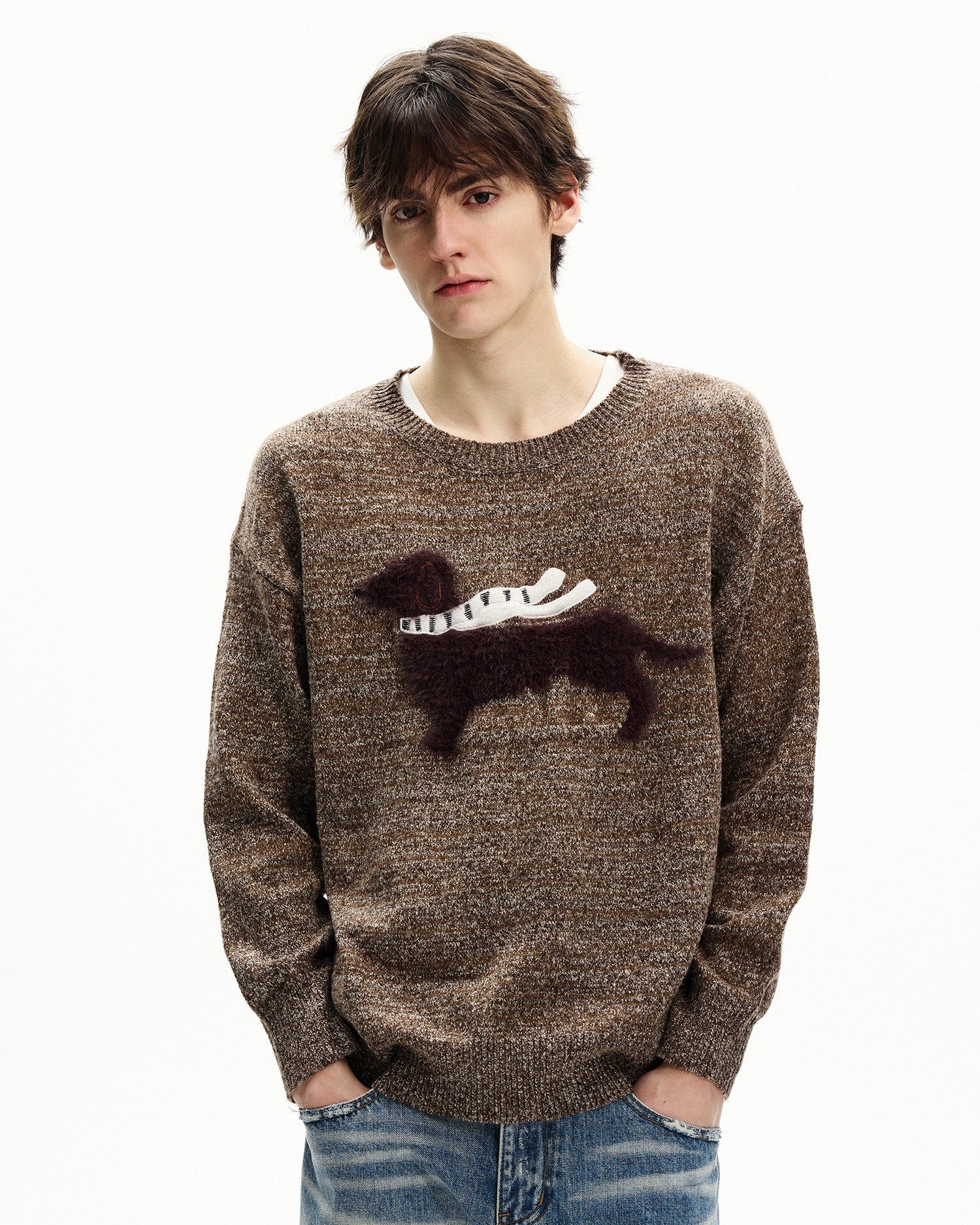 Textured Wool Blend Graphic Crewneck Sweater