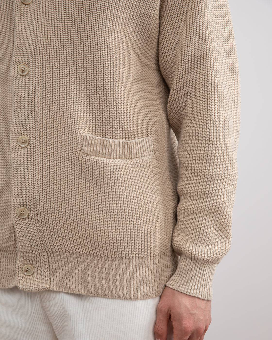 Beige Shawl-Collar Ribbed Cardigan