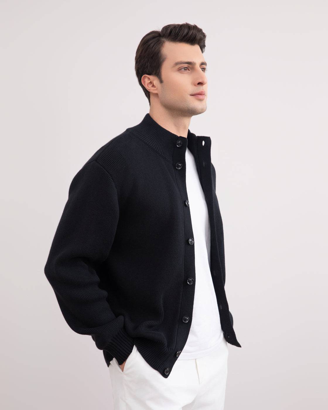 Black Ribbed Button Closure Cardigan