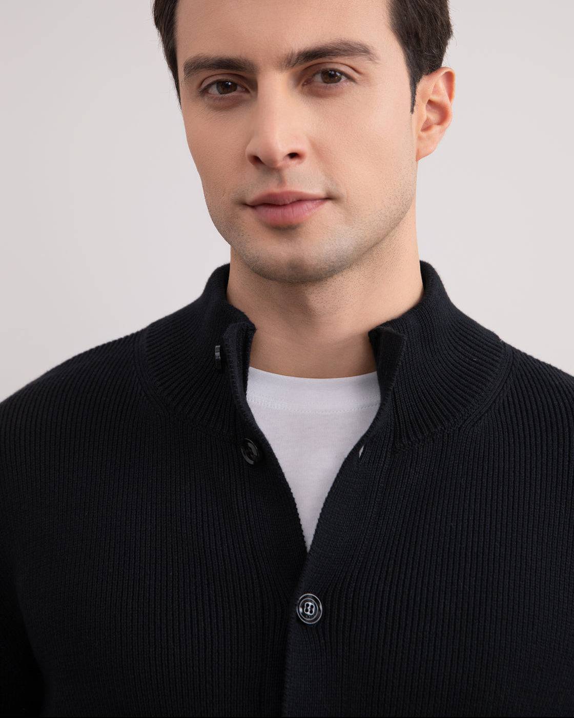 Black Ribbed Button Closure Cardigan