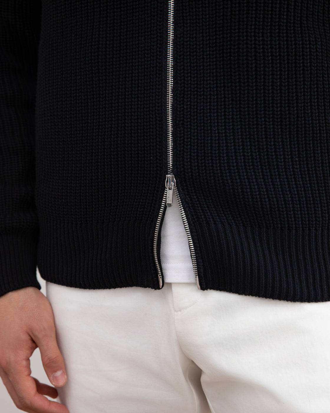 Black Ribbed Zip-Up Cardigan