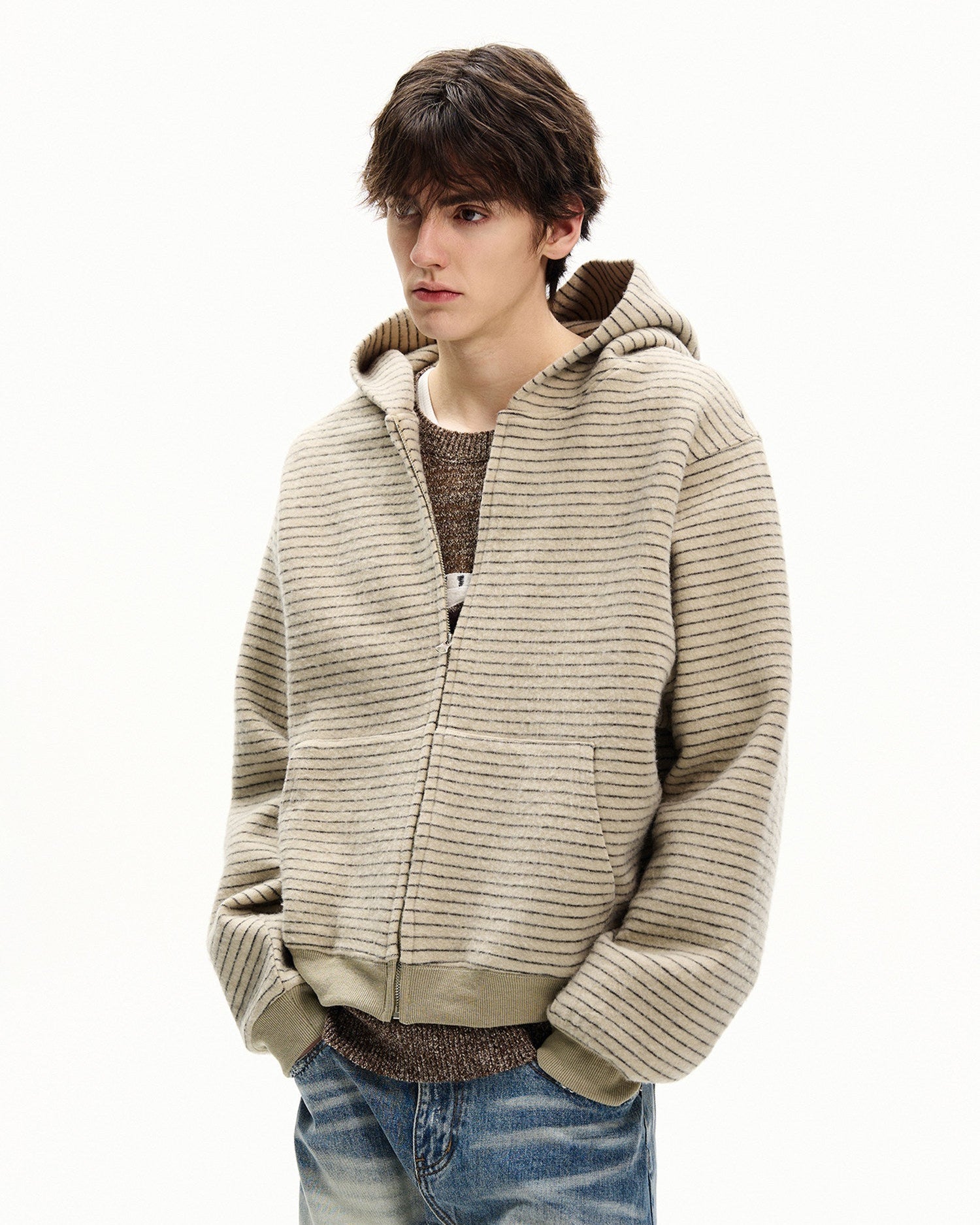 Striped Cotton Knit Zip Hoodie