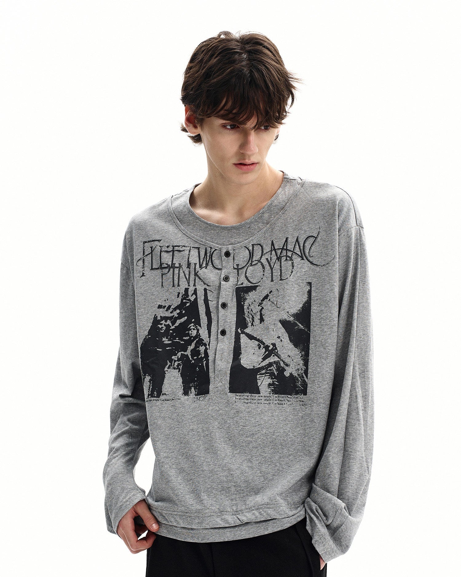 Cotton Graphic Henley Long Sleeve T Shirt