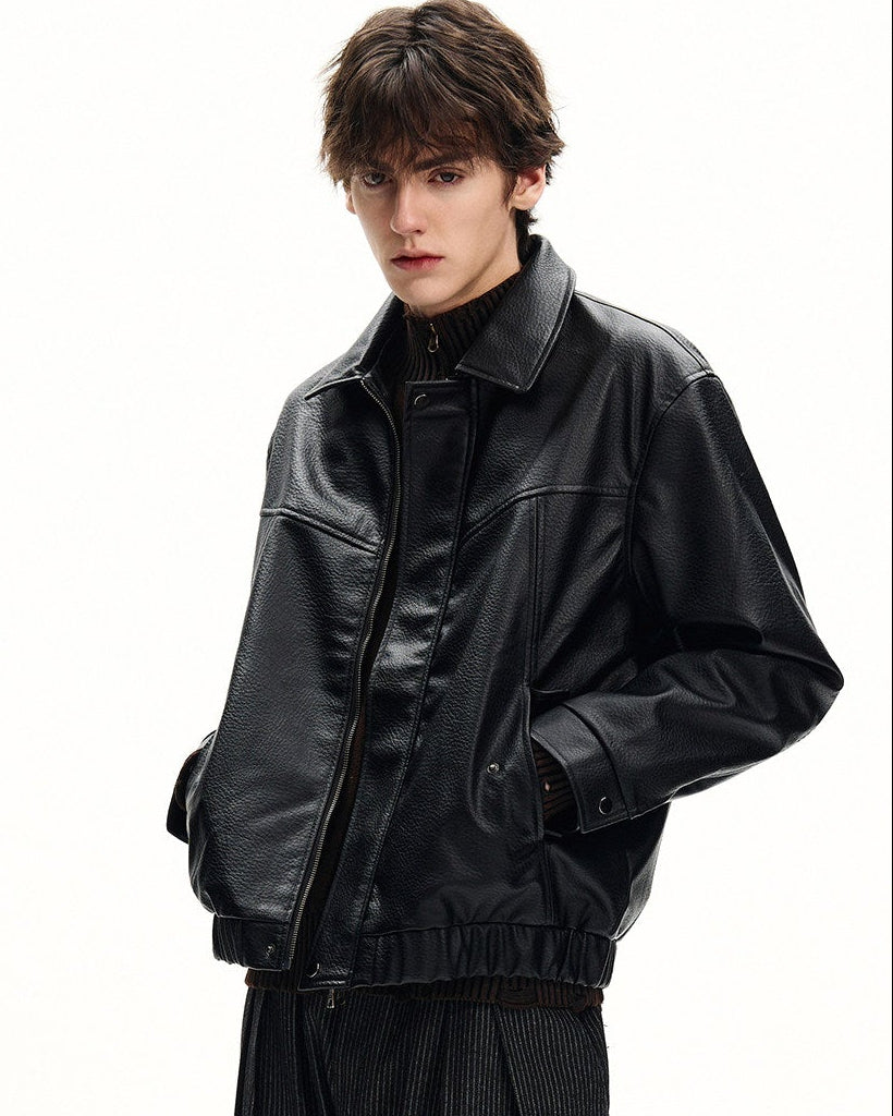 Grained Leather Zip Jacket