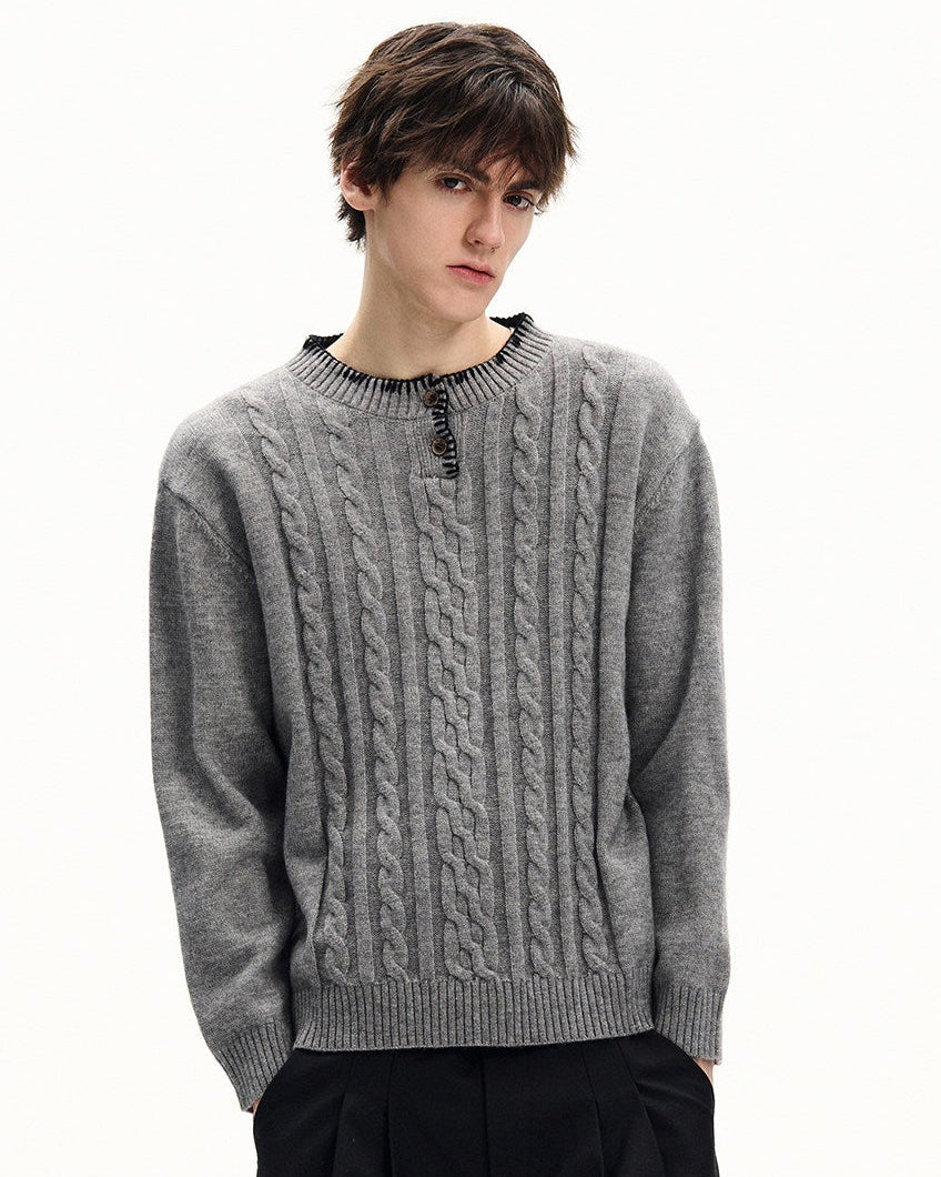 Cable Knit Wool Henley Sweater