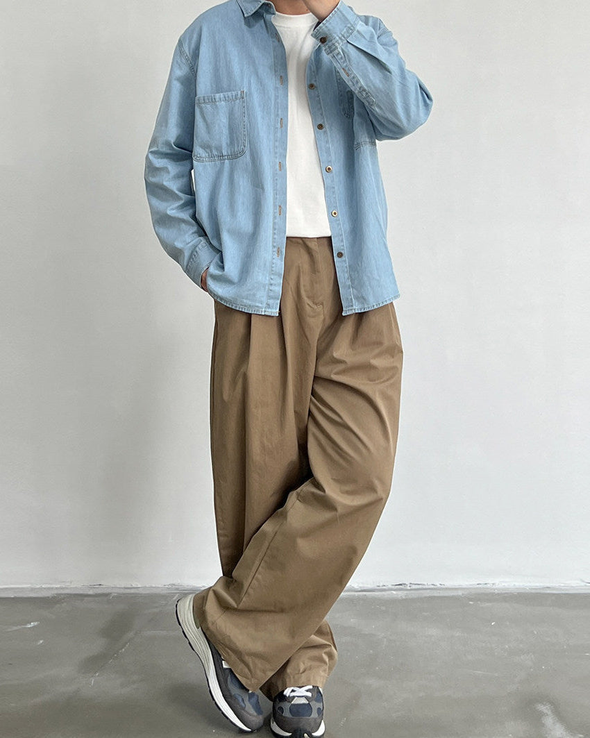 Straight Leg Pleated Cotton Twill Trousers