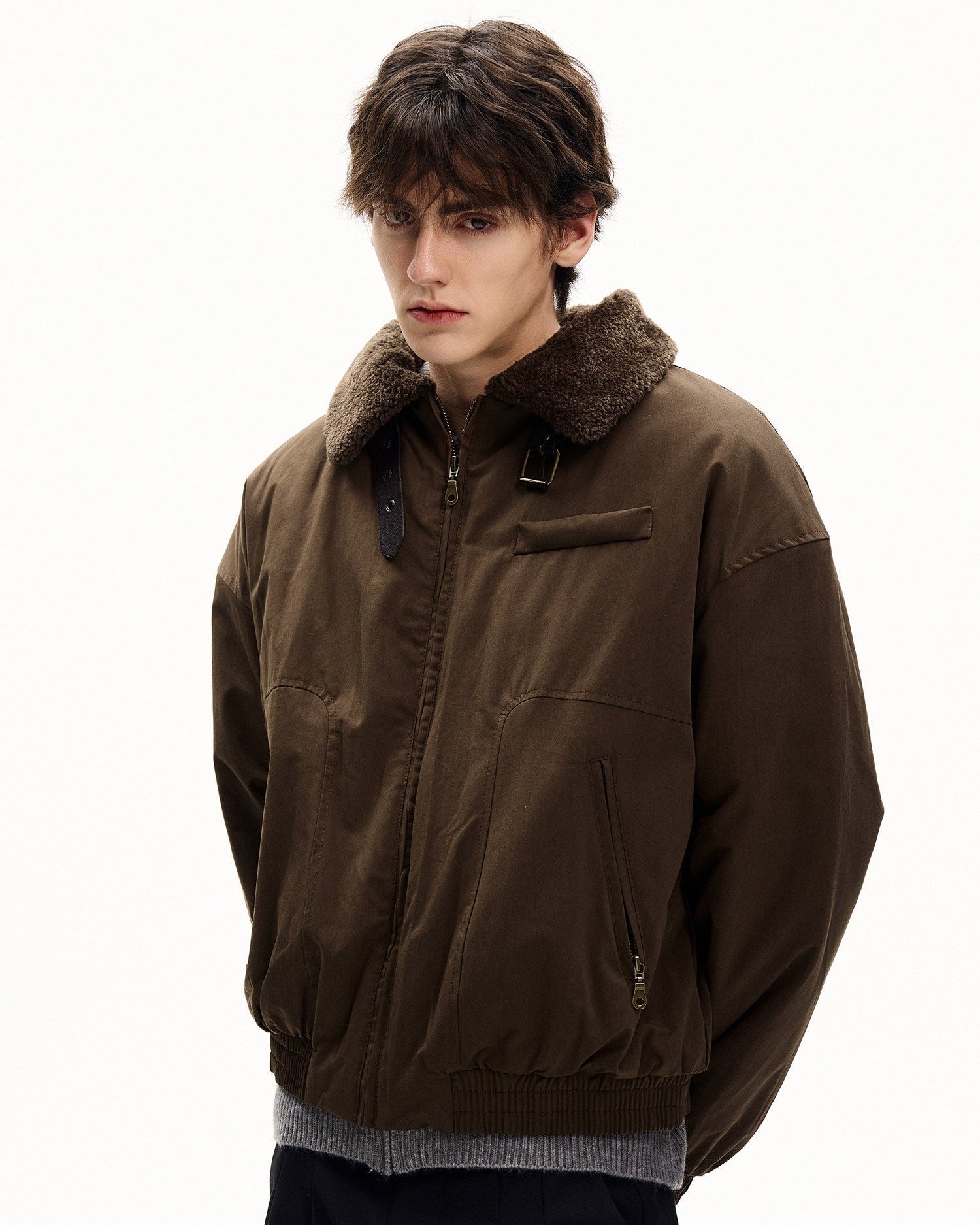 Shearling Collar Canvas Bomber Jacket
