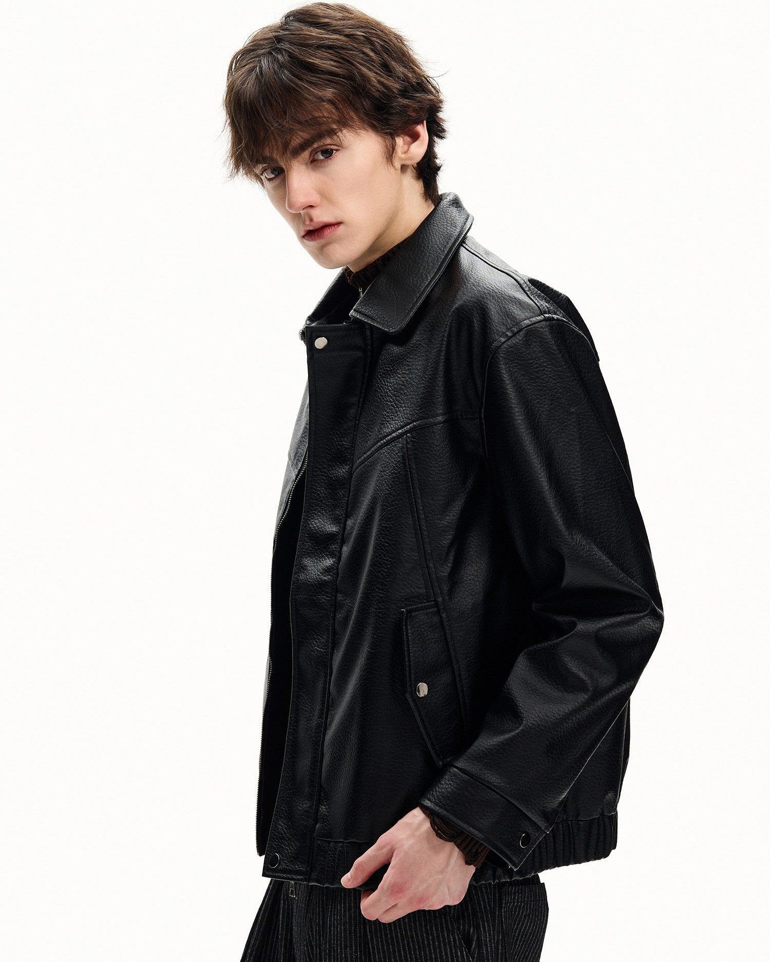 Grained Leather Zip Jacket