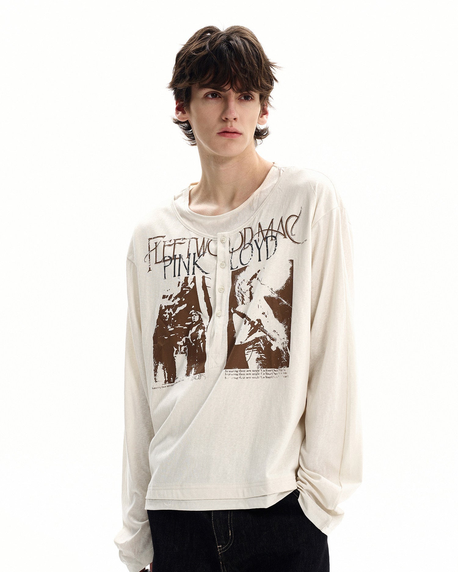 Cotton Graphic Henley Long Sleeve T Shirt