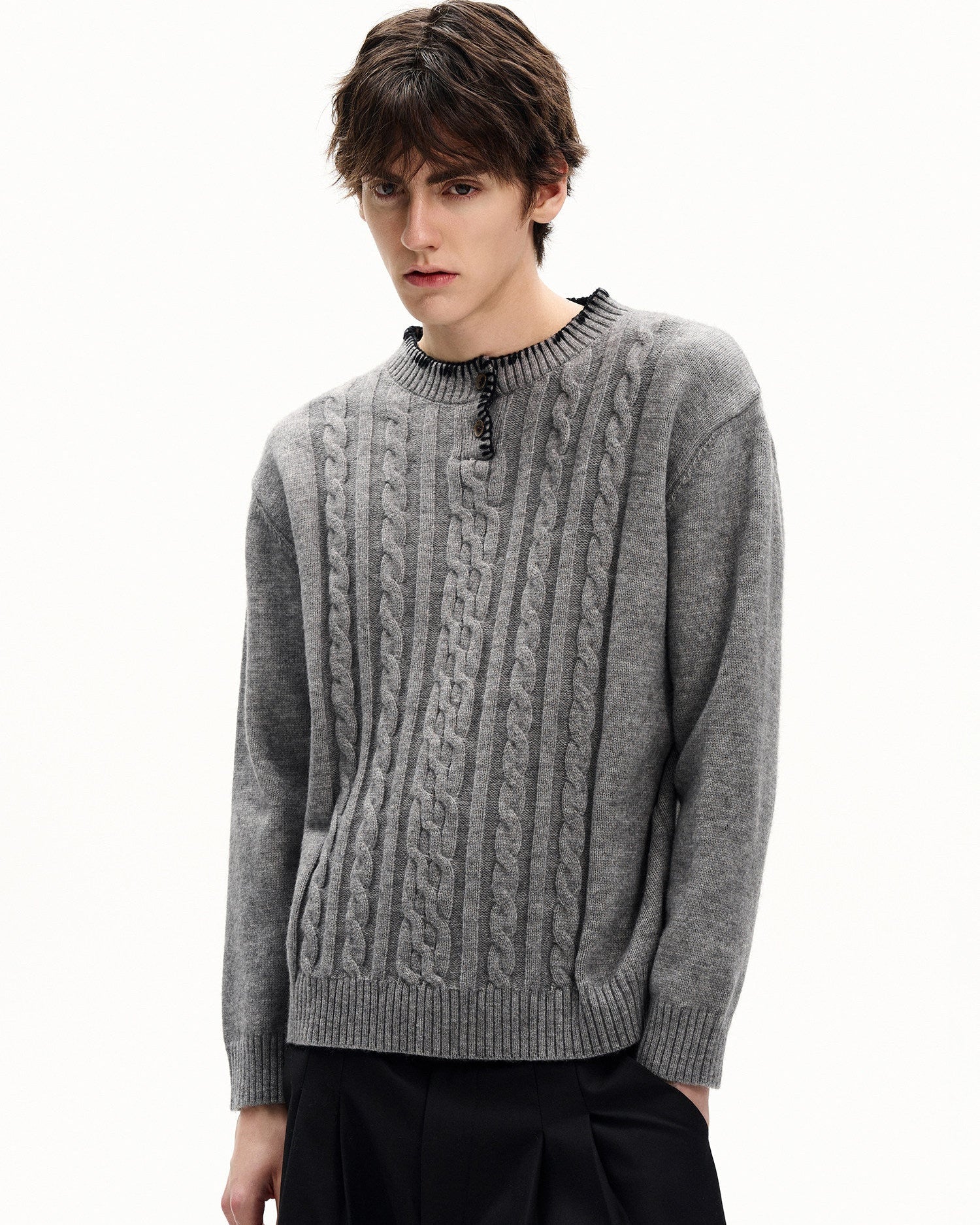 Cable Knit Wool Henley Sweater