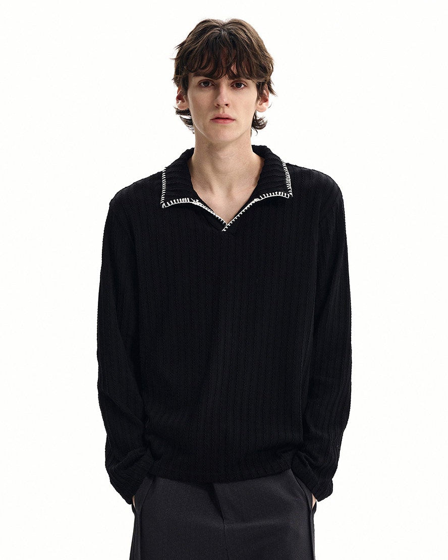 Textured Rib Knit Polo Top