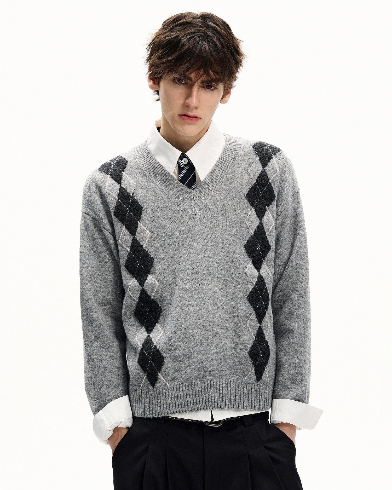 Argyle Wool Blend V-Neck Sweater