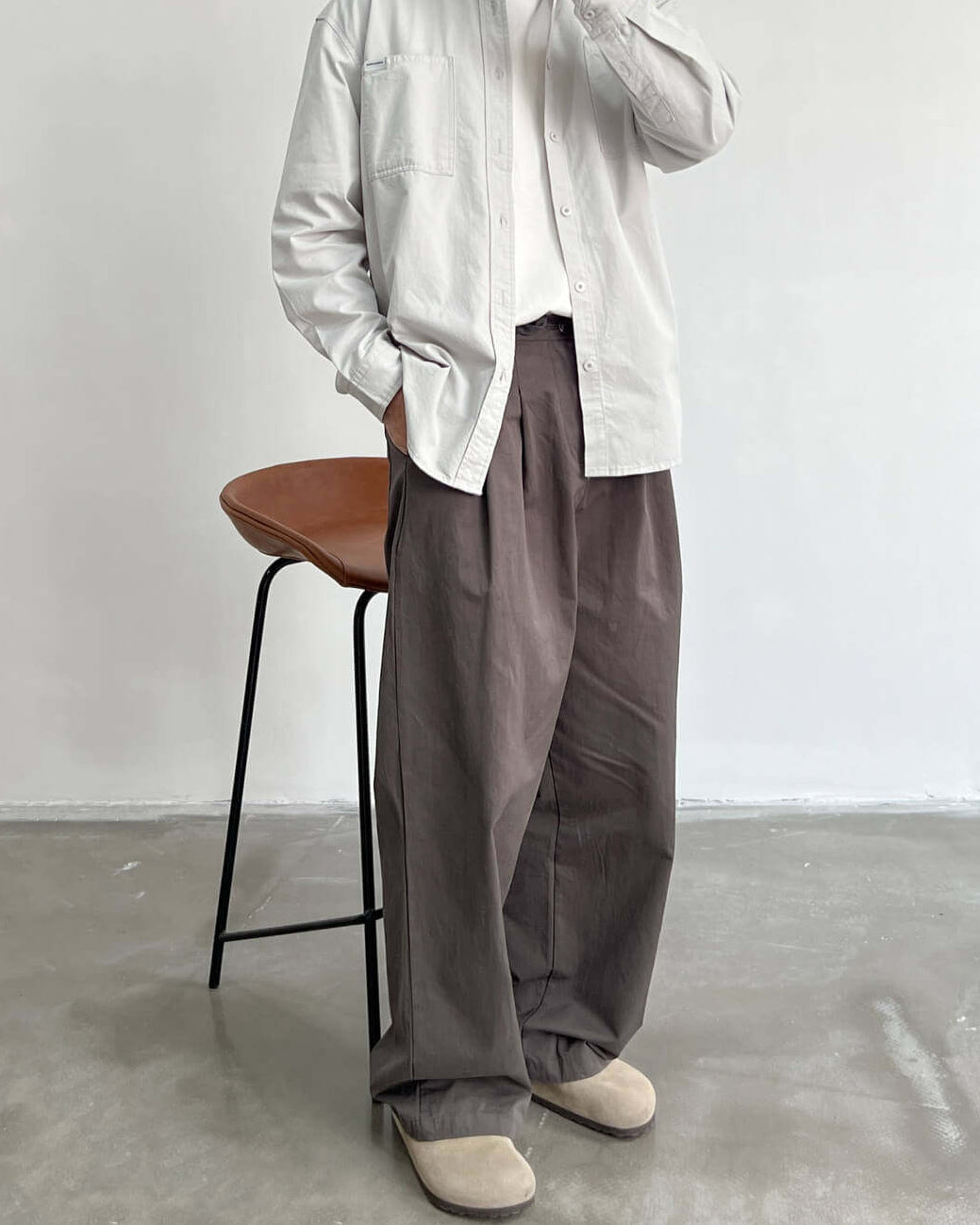 Straight Leg Pleated Cotton Twill Trousers