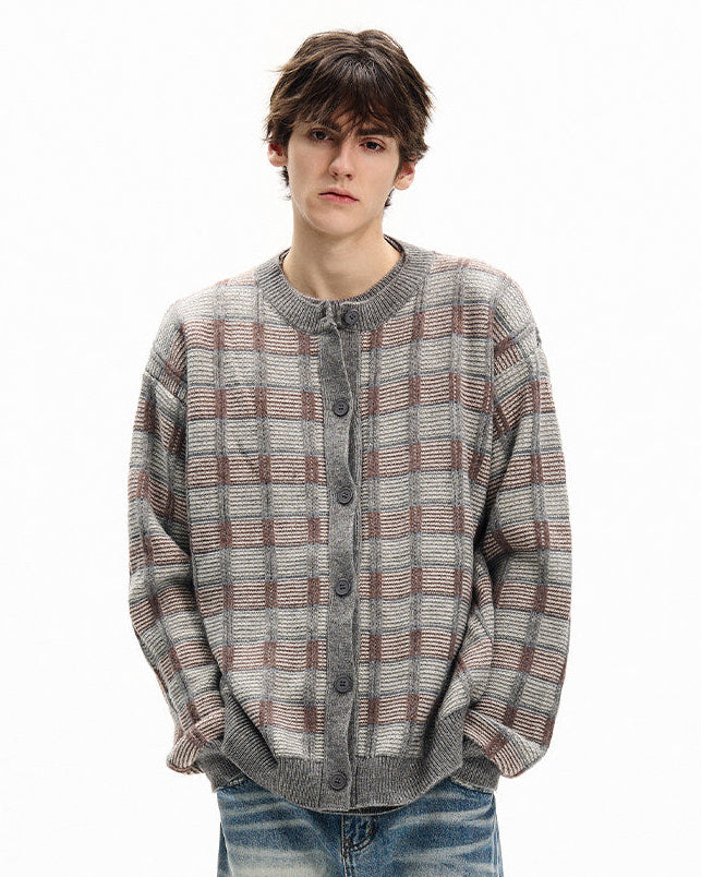 Checkered Wool Blend Cardigan